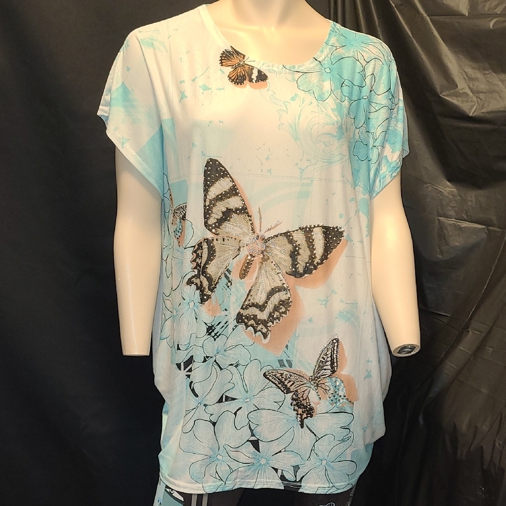 MODEL FRANCE Butterfly Print Women's Top - Blue and White GEM ACCENTS
